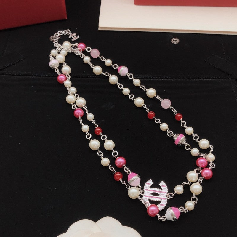 CC Pink & White Pearl Long Necklace
