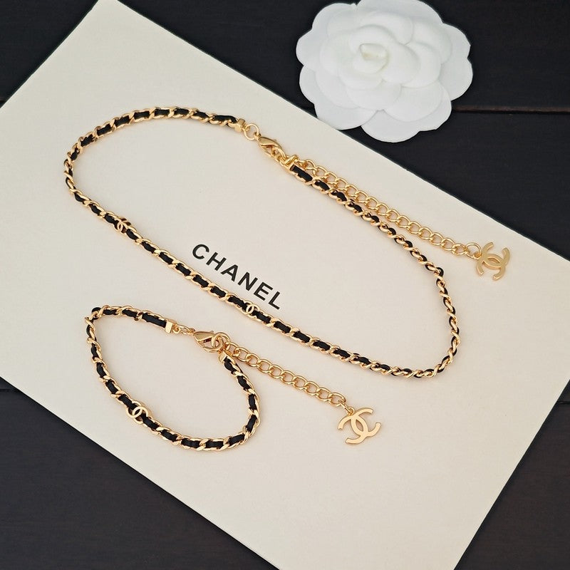 CC Black Leather Gold Chain Necklace
