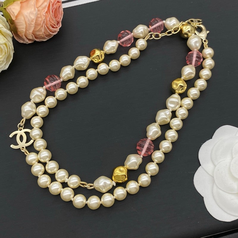 CC Pink & Yellow Bead Pearl Long Necklace