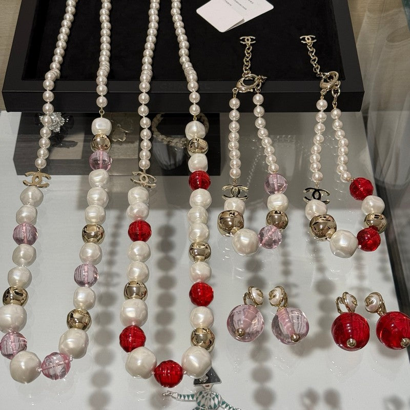 CC Red Crystal Pearl Choker Necklace