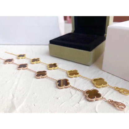 18K Vintage Alhambra Five Motifs Tiger Eye Clover Bracelet
