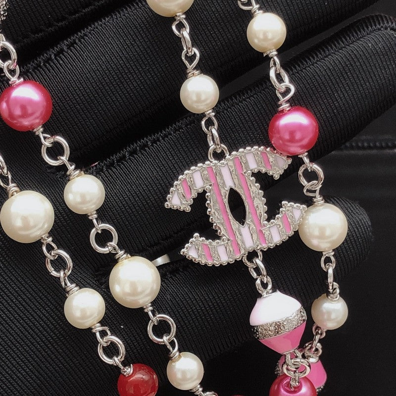 CC Pink & White Pearl Long Necklace