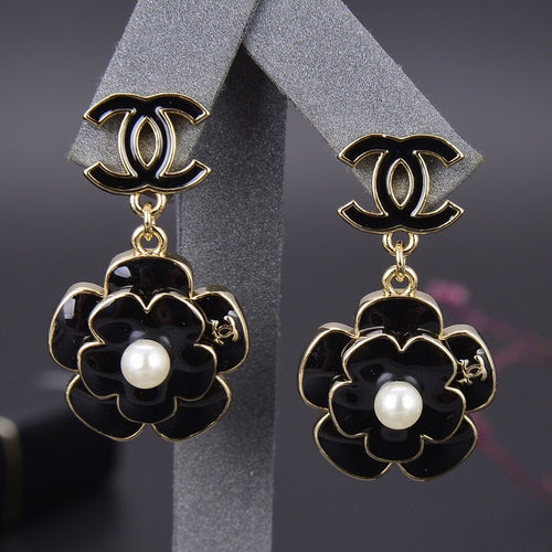 CC Black Gold Camellia Pendant Earrings