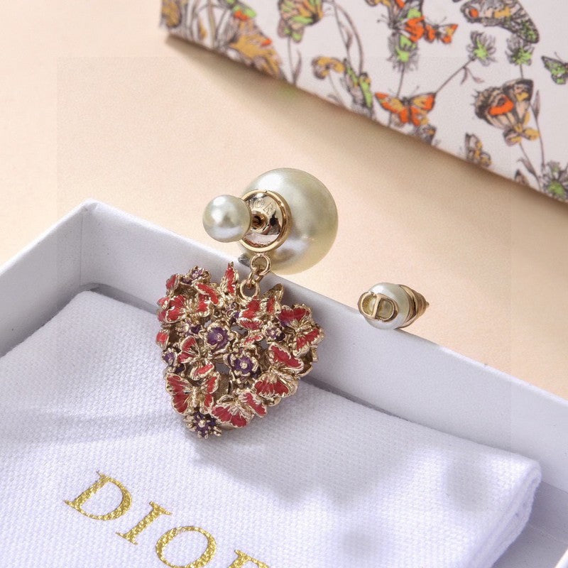 CD Tribales Red Flower Heart Faux Pearl Earrings