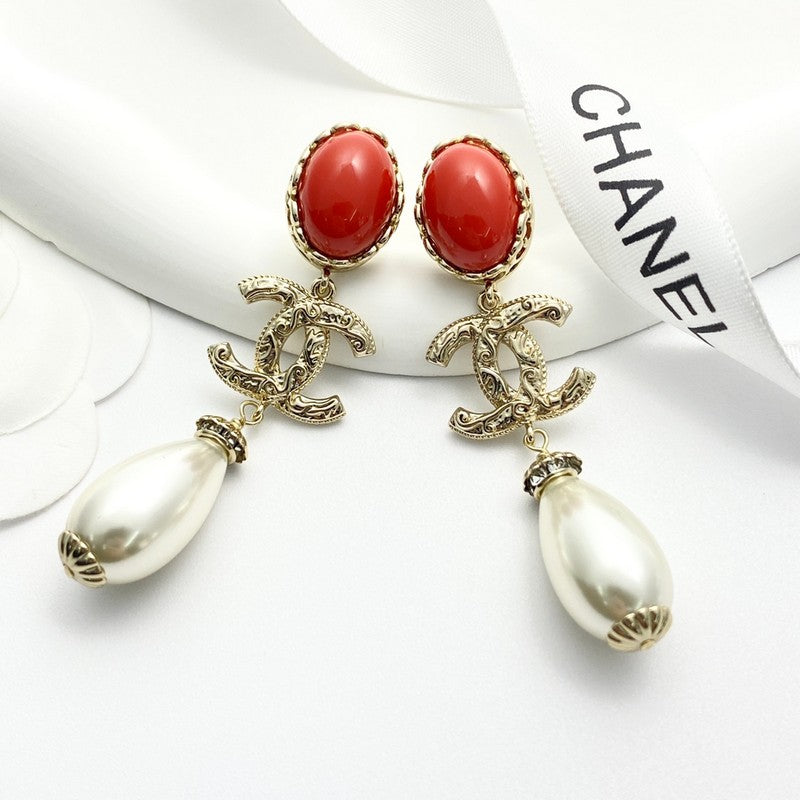 CC 24C Red Pearl Gold Earrings
