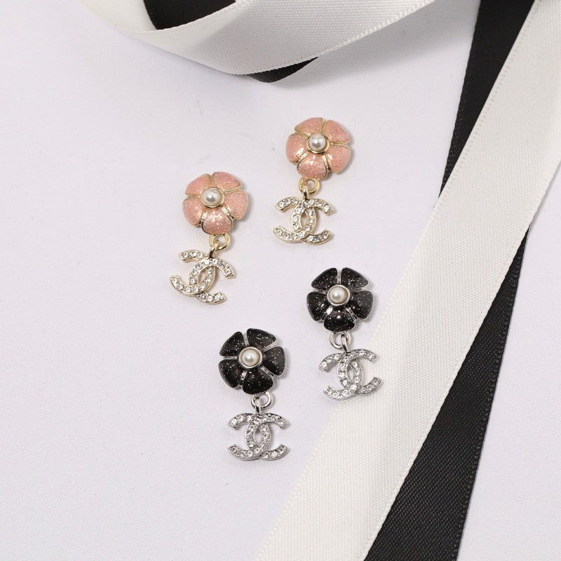 CC Black & Pink Camellia Diamond Earrings