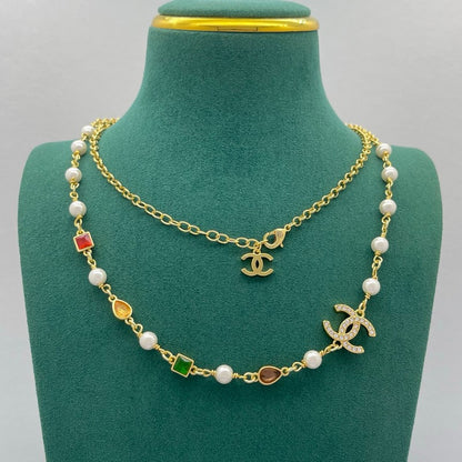 CC Color Crystal Pearl Long Chain Necklace