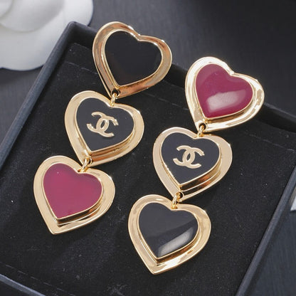 CC Black & Red Heart Gold Long Earrings