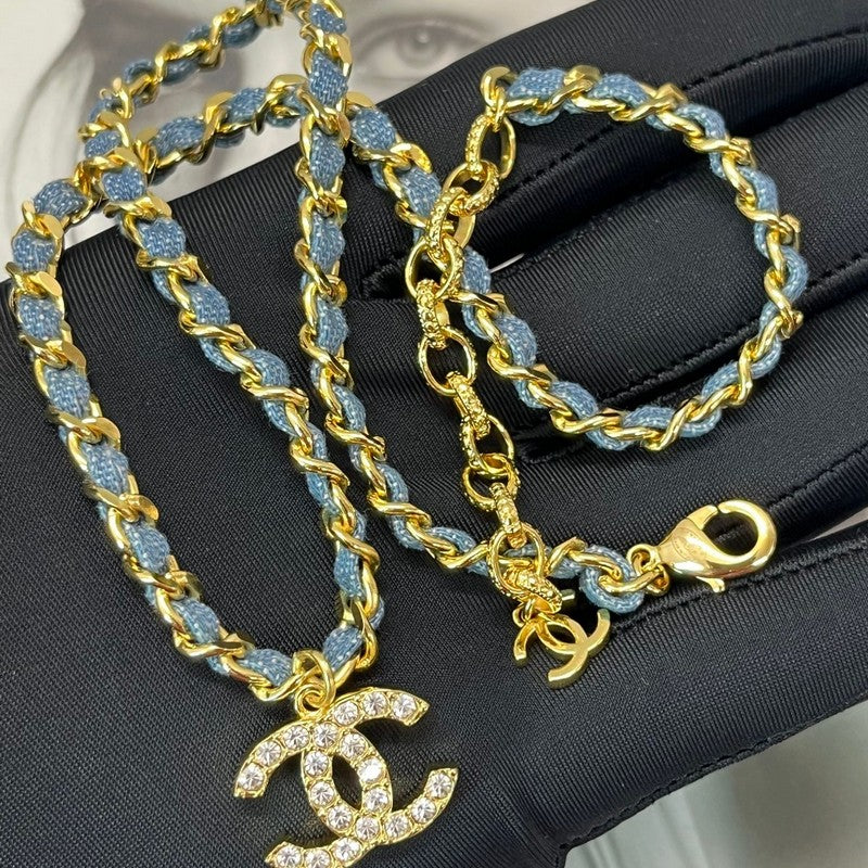 CC Sky Blye Leather Diamond Gold Necklace