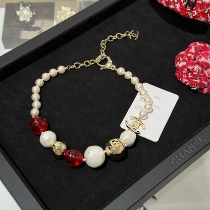 CC Red Crystal Pearl Choker Necklace