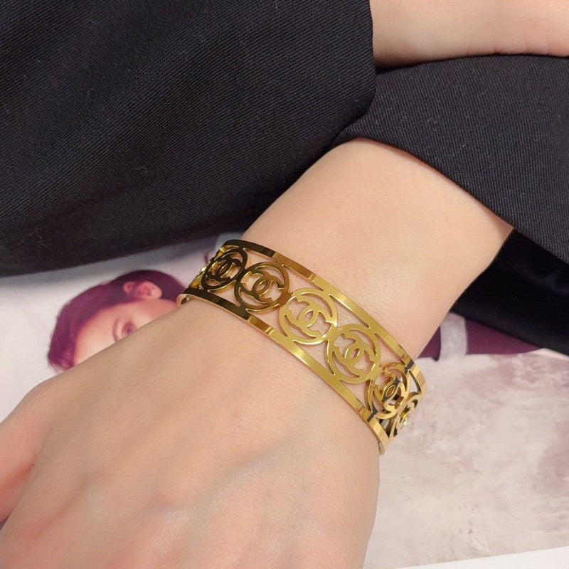 CC Hollow Open Cuff Gold Bracelet
