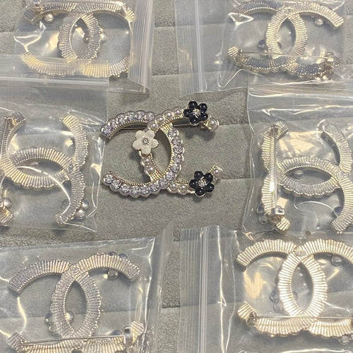 CC Pave Diamond & Pearl Black Flower Brooch