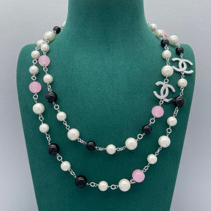 CC Black & Pink Bead Pearl Long Necklace