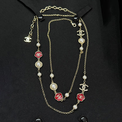 CC Red Flower Pearl Long Necklace