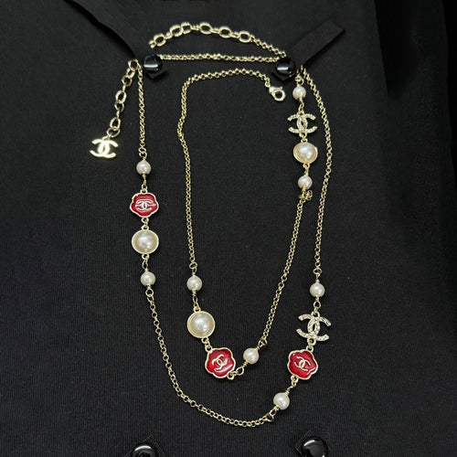 CC Red Flower Pearl Long Necklace