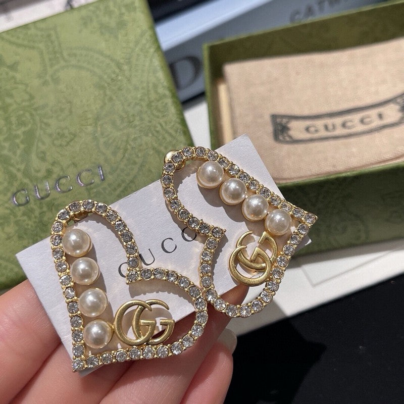 GG Diamond & Pearl Heart Earrings