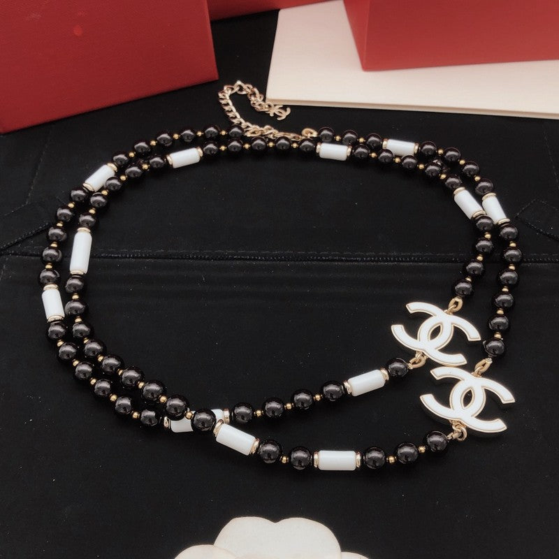 CC White Logo Long Black Pearl Necklace