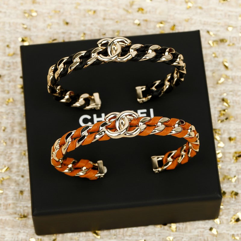 CC Black & Orange Leather Cuff Gold Bracelet