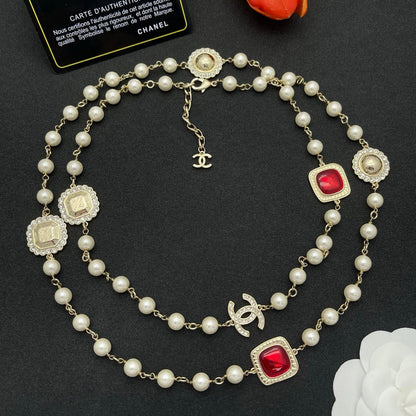 CC Red Crystal Pearl Long Necklace