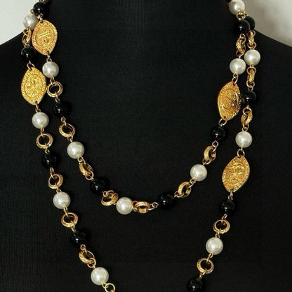 CC Long Black & White Pearls Necklace