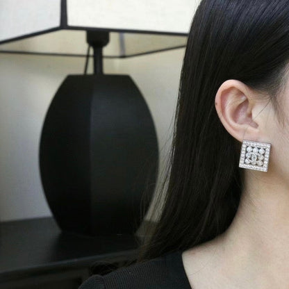 CC Diamond & Pearl Square Earrings