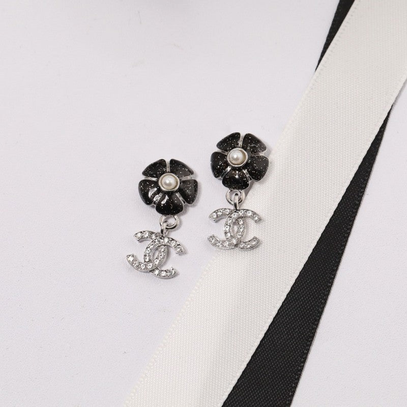 CC Black & Pink Camellia Diamond Earrings