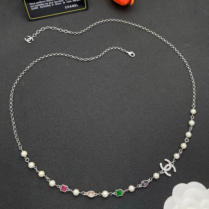CC Color Crystal Pearl Long Chain Necklace