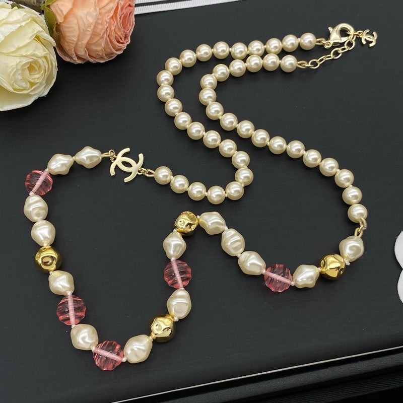CC Pink & Yellow Bead Pearl Long Necklace
