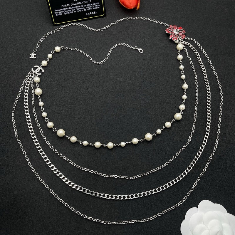 CC Red Flower Pearl Long Chain Necklace