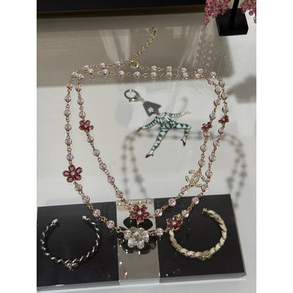 CC 26C Pink Crystal Flower Long Necklace