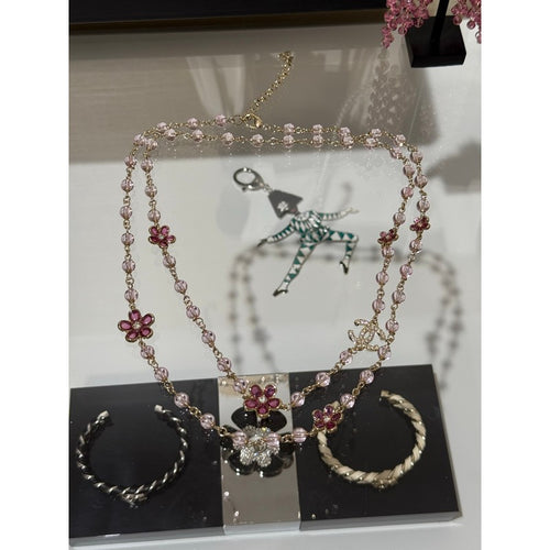 CC 26C Pink Crystal Flower Long Necklace