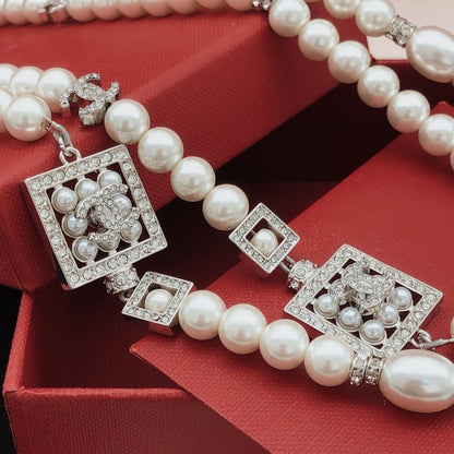 CC Square Diamond Long Pearl Necklace