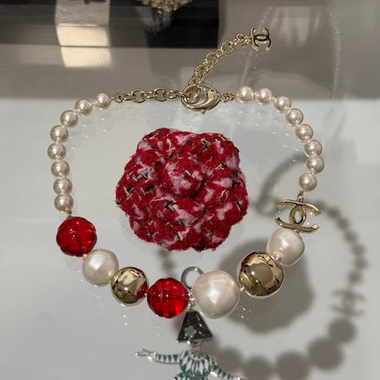 CC Red Crystal Pearl Choker Necklace