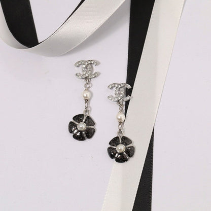 CC Black & Pink Camellia Diamond Long Earrings