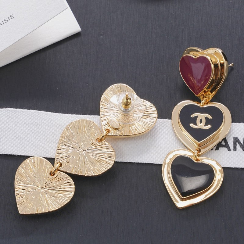 CC Black & Red Heart Gold Long Earrings