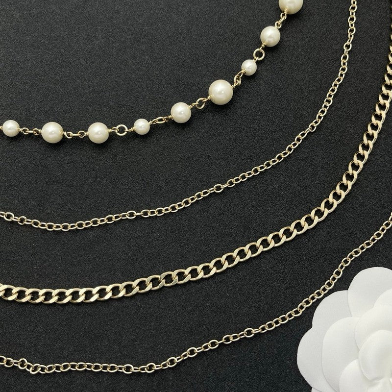 CC Red Flower Pearl Long Chain Necklace