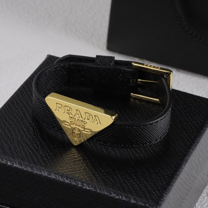 Pra Black Leather Gold Bracelet