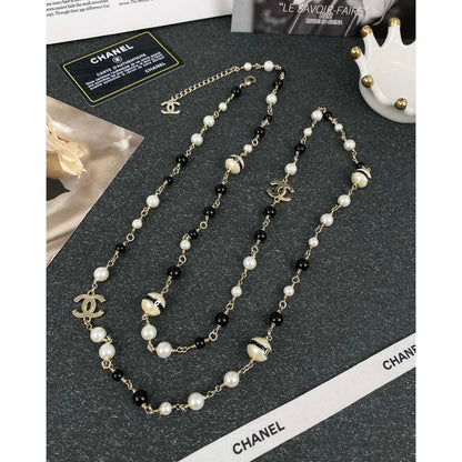 CC Black & White Beads Pearl Long Necklace