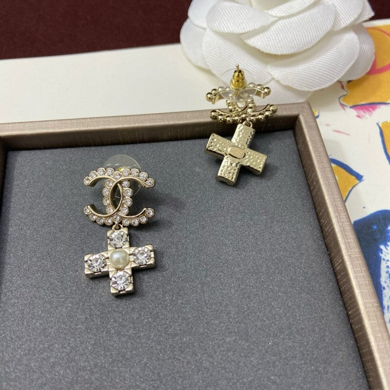CC Cross Pearl & Diamond Earrings