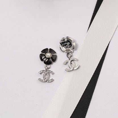 CC Black & Pink Camellia Diamond Earrings
