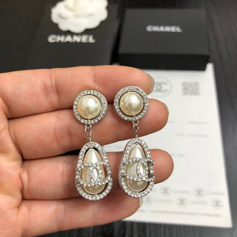 CC Pave Diamond Pearl Drop Earrings