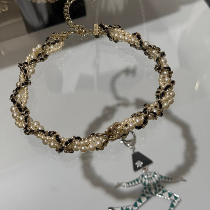 CC Pearl Leather Choker Necklace
