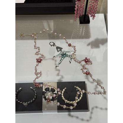 CC 26C Pink Crystal Flower Long Necklace