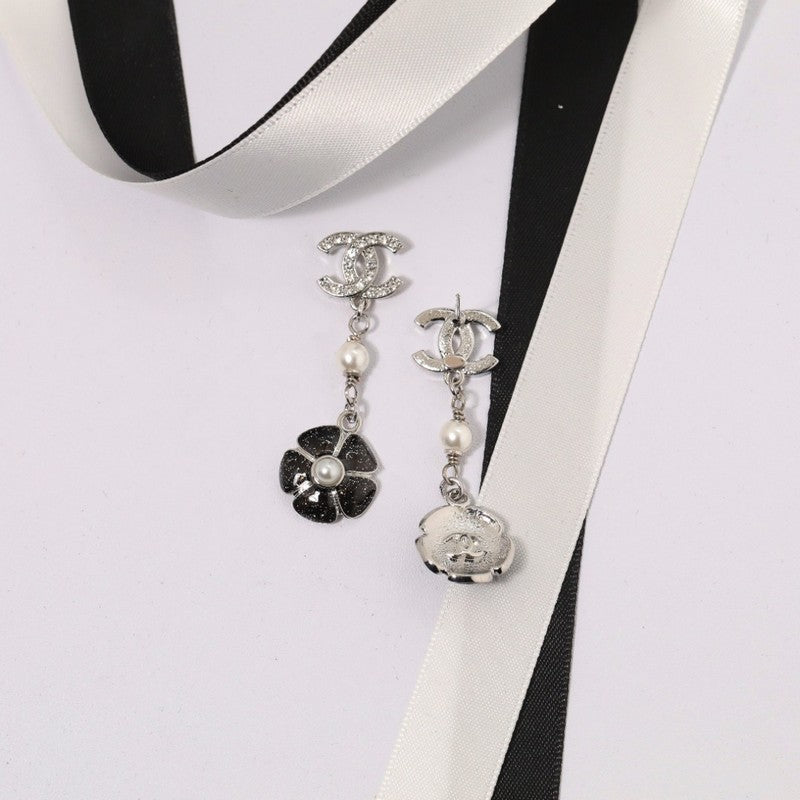 CC Black & Pink Camellia Diamond Long Earrings