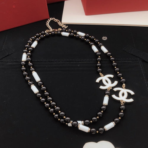 CC White Logo Long Black Pearl Necklace