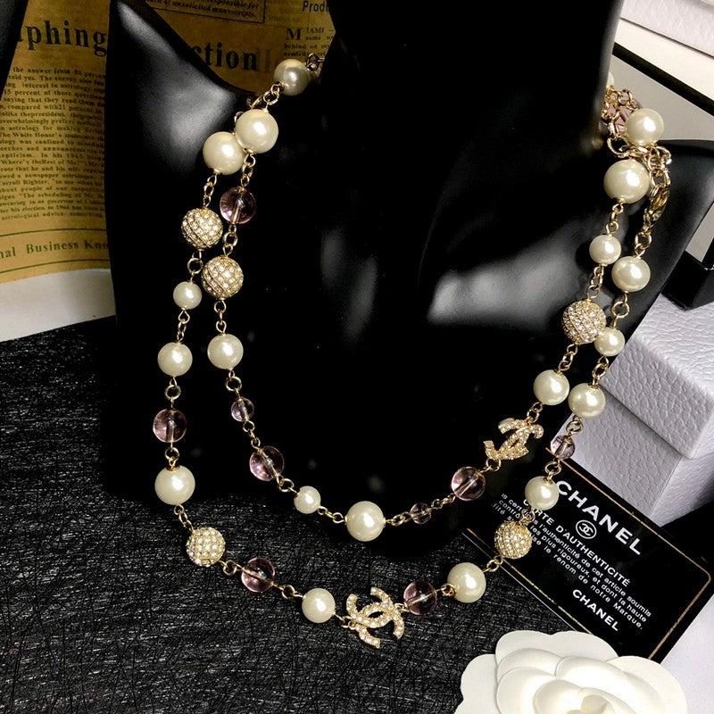 CC Pink Glass Pearl Long Necklace