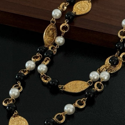 CC Long Black & White Pearls Necklace