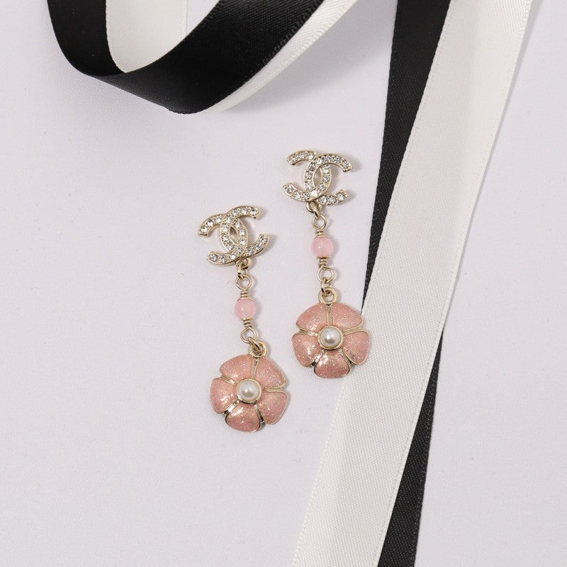 CC Black & Pink Camellia Diamond Long Earrings