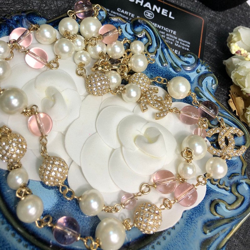 CC Pink Glass Pearl Long Necklace