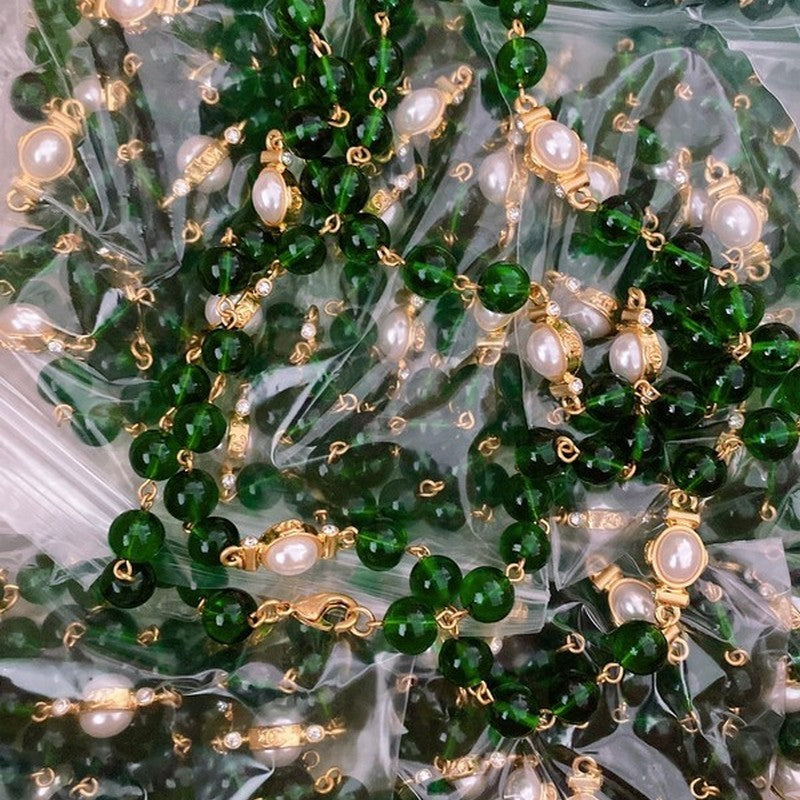 CC Long Green & White Pearls Necklace